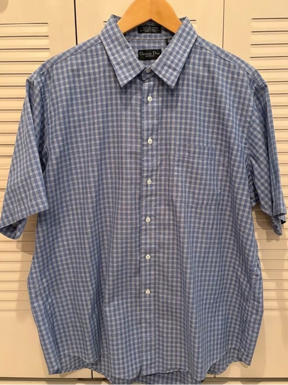Vintage Christian Dior Light Blue Checked Short Sleeve Button-Down Shirt
